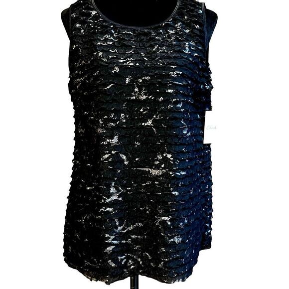 Chaus Tops - Chais black and metallic gold ruffle tier tank tropical escape size L large NWT
